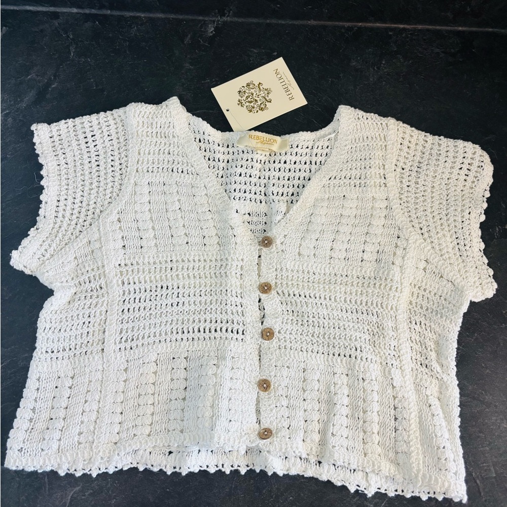 Rebellion Again white womens crochet crop top/sweater sz S NEW boho festival